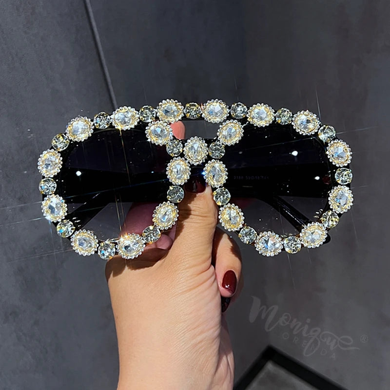 Oversized Vintage Sunglasses Women Luxury Gem Green Diamond Like SUV400