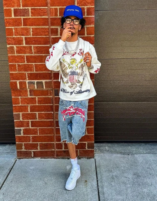 Load image into Gallery viewer, Men's Graffiti Shorts Rhinestone Distressed Printed Denim Shorts
