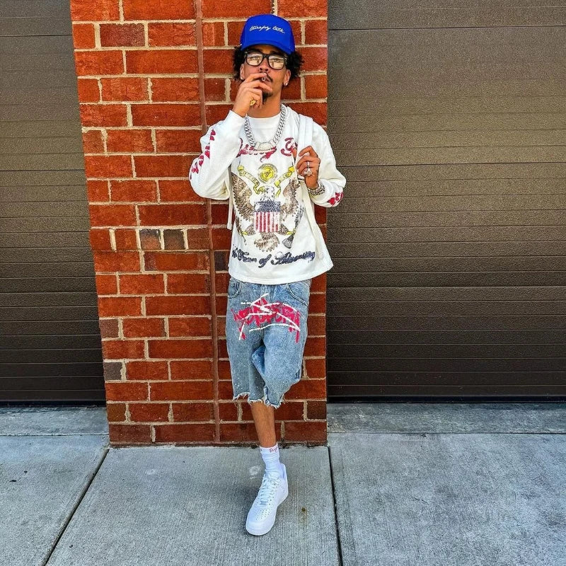 Men's Graffiti Shorts Rhinestone Distressed Printed Denim Shorts