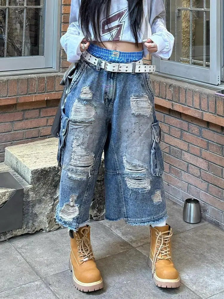 Women's Vintage Old Baggy Denim Shorts Distressed Denim Cropped Pants