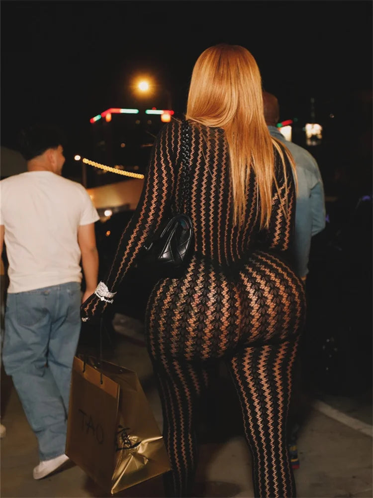 Woman's Hottie See Through Stripe Hollow Sexy Jumpsuit