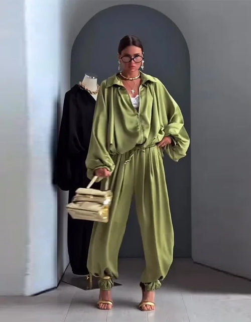 Load image into Gallery viewer, Women's Casual Loose Coats Pants Set Full Sleeve Lapel Zippers Solid Spring Suit High Waist Wide Leg Pants2026
