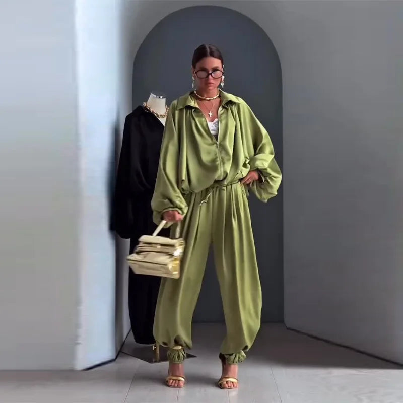Women's Casual Loose Coats Pants Set Full Sleeve Lapel Zippers Solid Spring Suit High Waist Wide Leg Pants2026