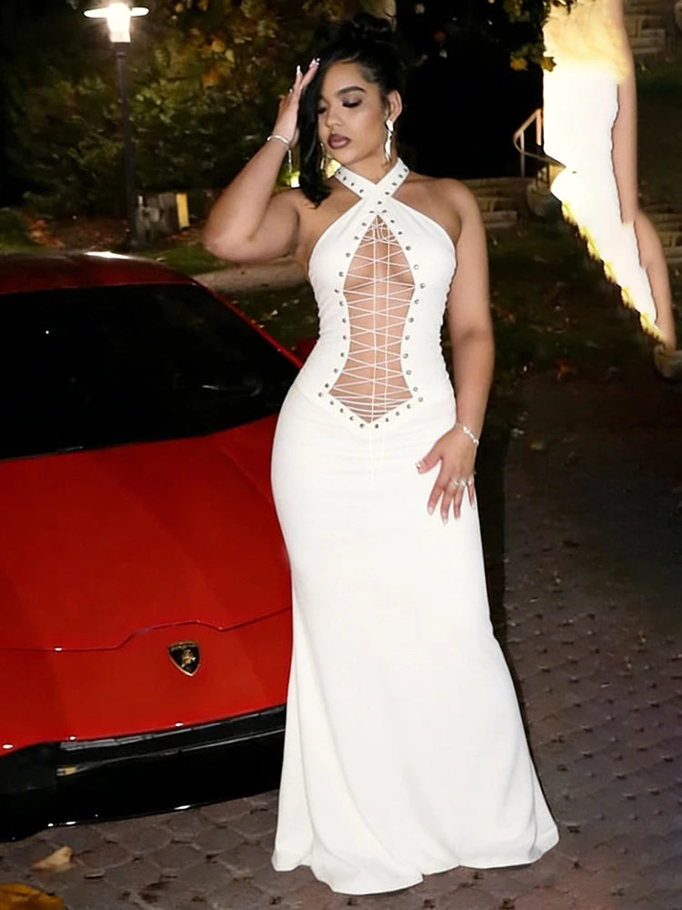 Women's Sexy Hollow Long Halter Backless Cross Bandage Decoration High Waist