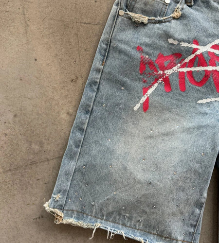 Men's Graffiti Shorts Rhinestone Distressed Printed Denim Shorts