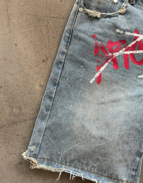 Load image into Gallery viewer, Men's Graffiti Shorts Rhinestone Distressed Printed Denim Shorts
