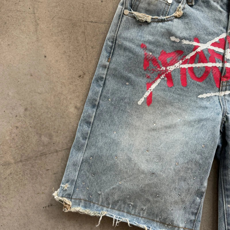 Men's Graffiti Shorts Rhinestone Distressed Printed Denim Shorts