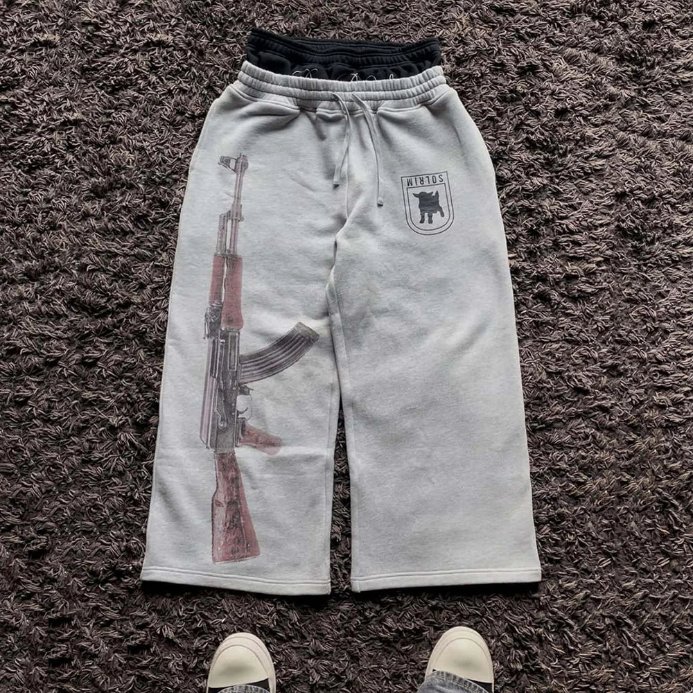 Y2K High-Waisted Printed Embroidered Street Guard Sweat Pants Straight Leg Double Waist Design Fashionable