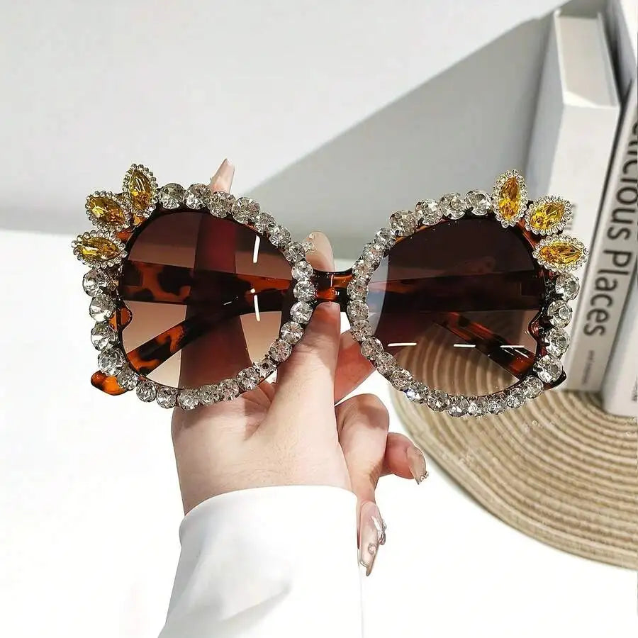 Womens Extra Large Rhinestone Floral Party Sunglasses Gradient Pink Purple Lens