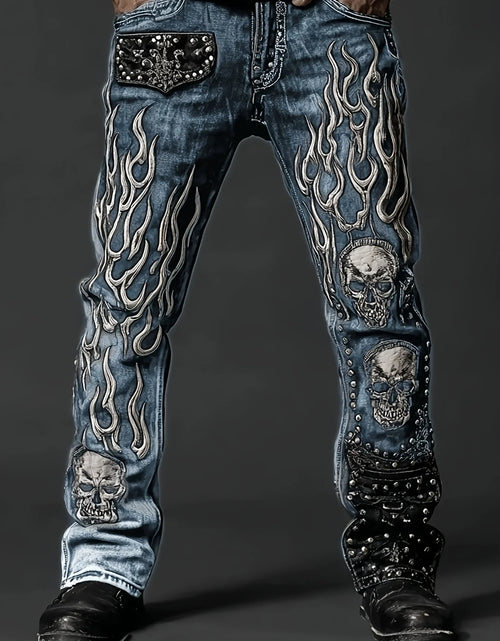 Load image into Gallery viewer, Men's Vintage Washed Straight Leg Denim Jeans, Skull Flame Graphic Print Rivet Studded Design, Loose Fit
