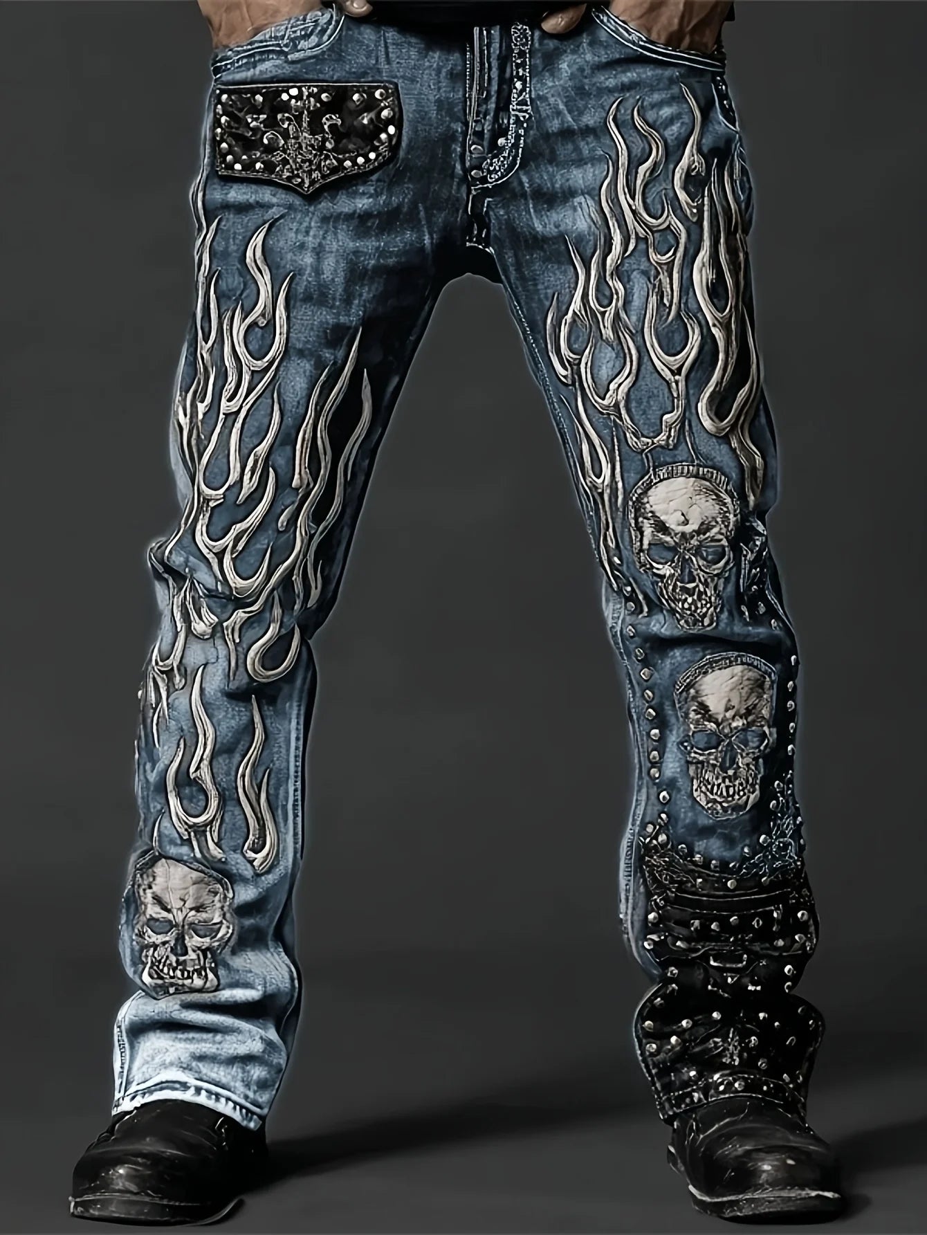 Men's Vintage Washed Straight Leg Denim Jeans, Skull Flame Graphic Print Rivet Studded Design, Loose Fit