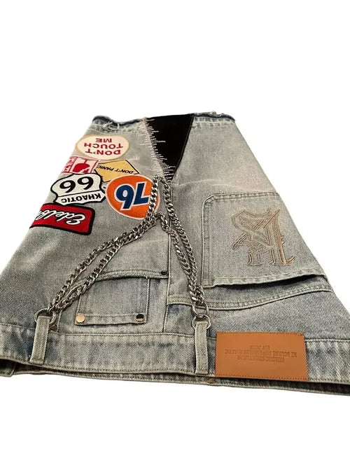 Load image into Gallery viewer, Retro Blue Streetwear Patchwork Denim Short Y2K Jeans Women Hip Hop Cartoon Graphics Loose Metal Denim Shorts
