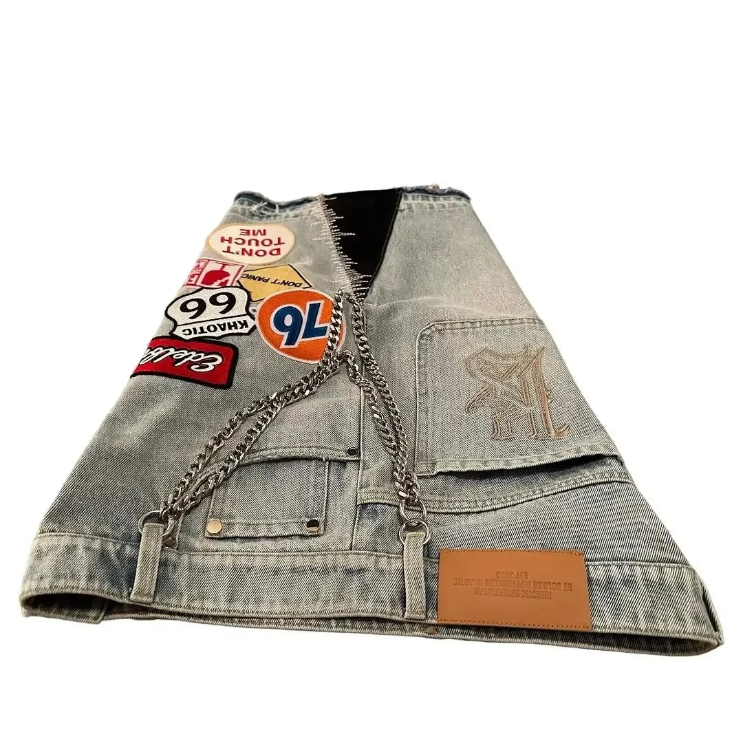 Retro Blue Streetwear Patchwork Denim Short Y2K Jeans Women Hip Hop Cartoon Graphics Loose Metal Denim Shorts
