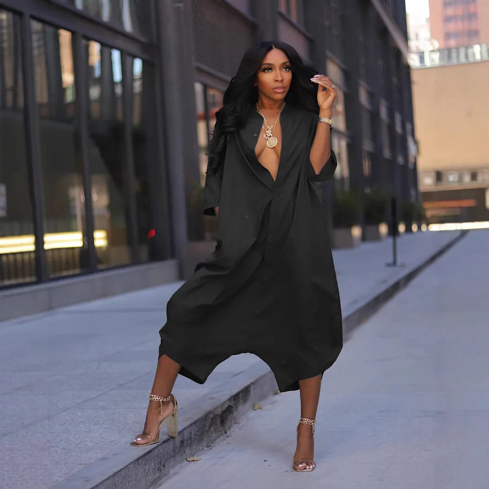 Women Plus Size Jumpsuit 3/4 Sleeve Pocket  Harem Pants Rompers Single Breasted Loose Outfits