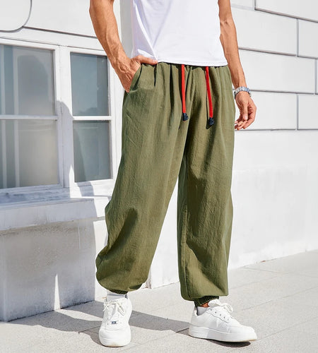 Men's Pants Loose Fit  Cotton Linen Solid Color Cozy Sweatpants Joggers High Quality Male