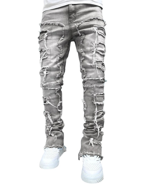Load image into Gallery viewer, Men's Regular Fit Stacked Jeans Ripped Slim Fit Distressed Destroyed Straight Denim Pants Hip Hop Streetwear
