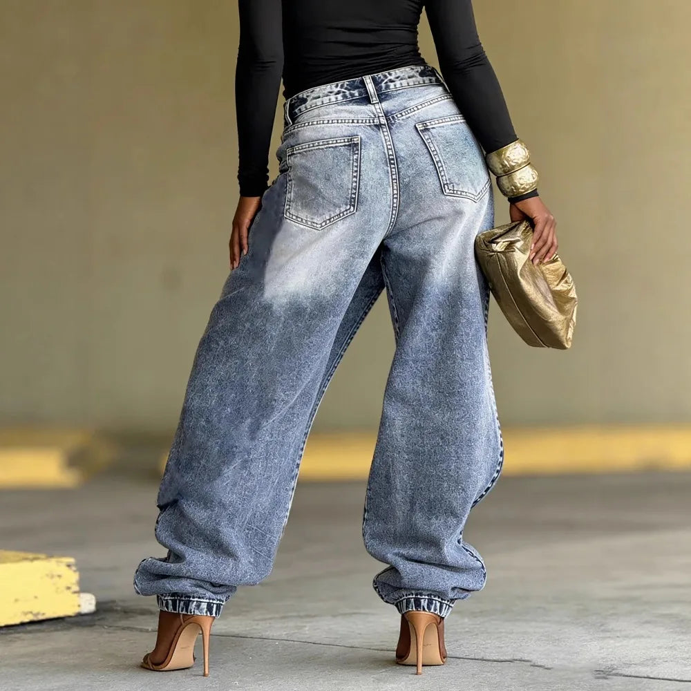 Women Straight Pants Jeans Long Length Tassels Trousers Stretch Mid Waist Washed Vintage Distressed