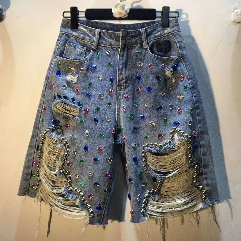 Women Summer Bedazzled  High Waist Stretch Distressed Washed Diamonds Shorts