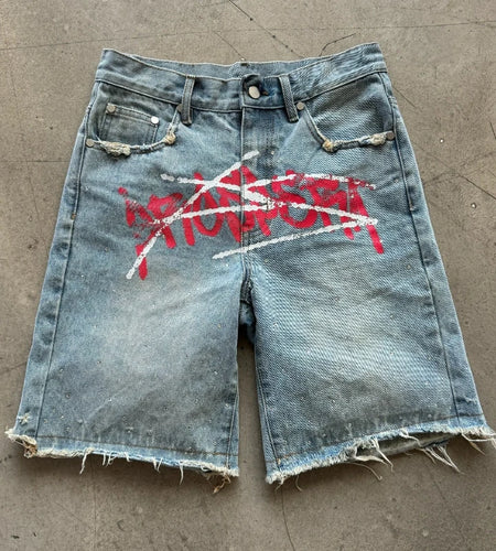 Men's Graffiti Shorts Rhinestone Distressed Printed Denim Shorts
