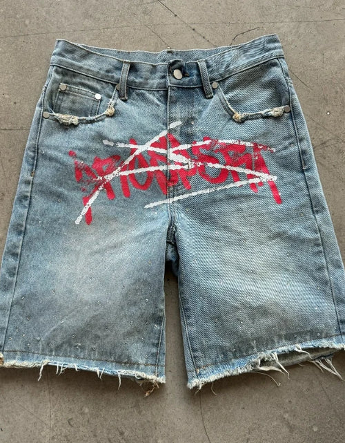 Load image into Gallery viewer, Men's Graffiti Shorts Rhinestone Distressed Printed Denim Shorts
