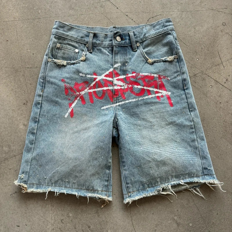 Men's Graffiti Shorts Rhinestone Distressed Printed Denim Shorts