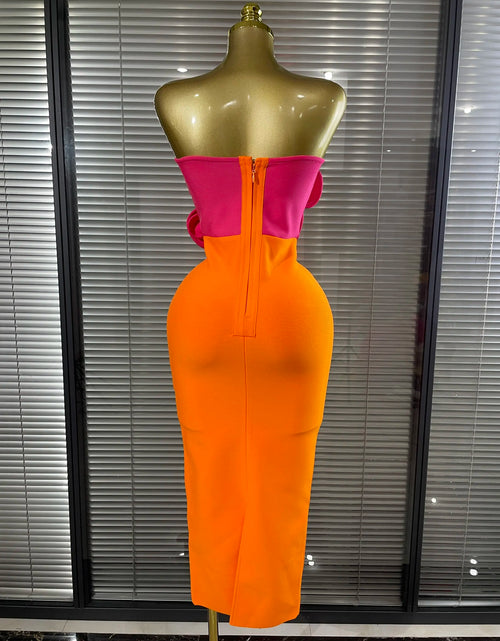 Load image into Gallery viewer, Orange Color Women's Sexy Big Florals Bodycon Dress with Shining Rhinestones Strapless Bandage Dress
