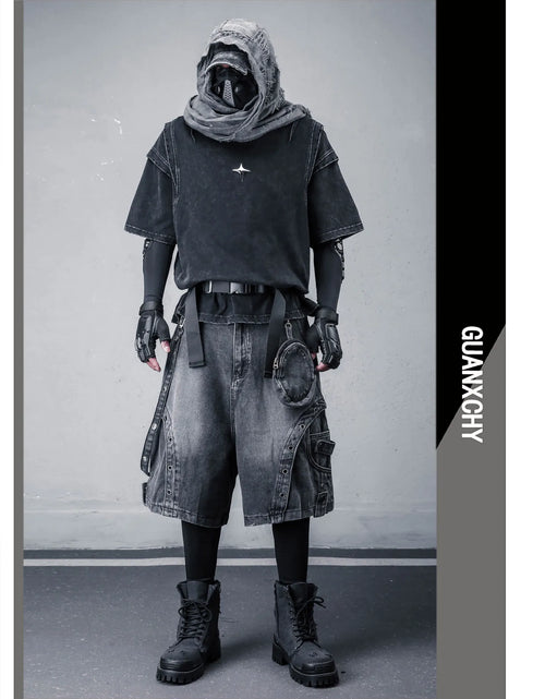 Load image into Gallery viewer, 2026 Summer Washed Vintage Punk Jean Shorts With Small Pouch Style Metal Eyelets Spliced Denim Shorts
