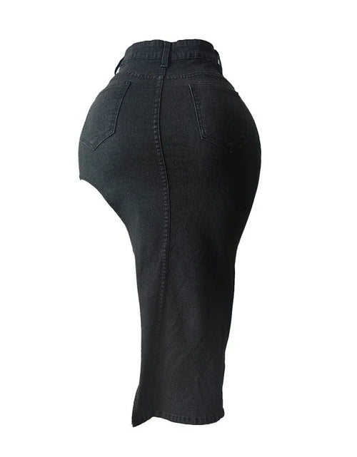Load image into Gallery viewer, Women's Letter Embroidery Asymmetrical Denim Skirt Vintage Button Fly High Waist Stretch Jeans Calf-length
