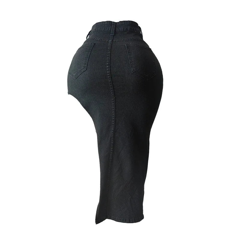 Women's Letter Embroidery Asymmetrical Denim Skirt Vintage Button Fly High Waist Stretch Jeans Calf-length