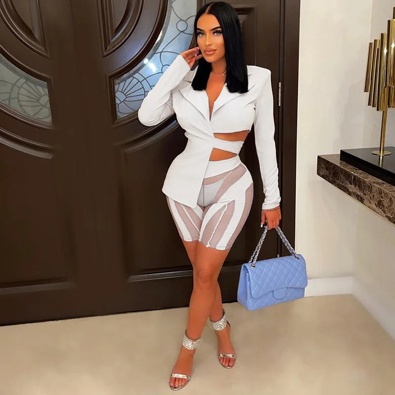 Two Piece Club Outfits Women Sexy Asymmetric Blazer and Mesh Shorts Leggings Matching Sets