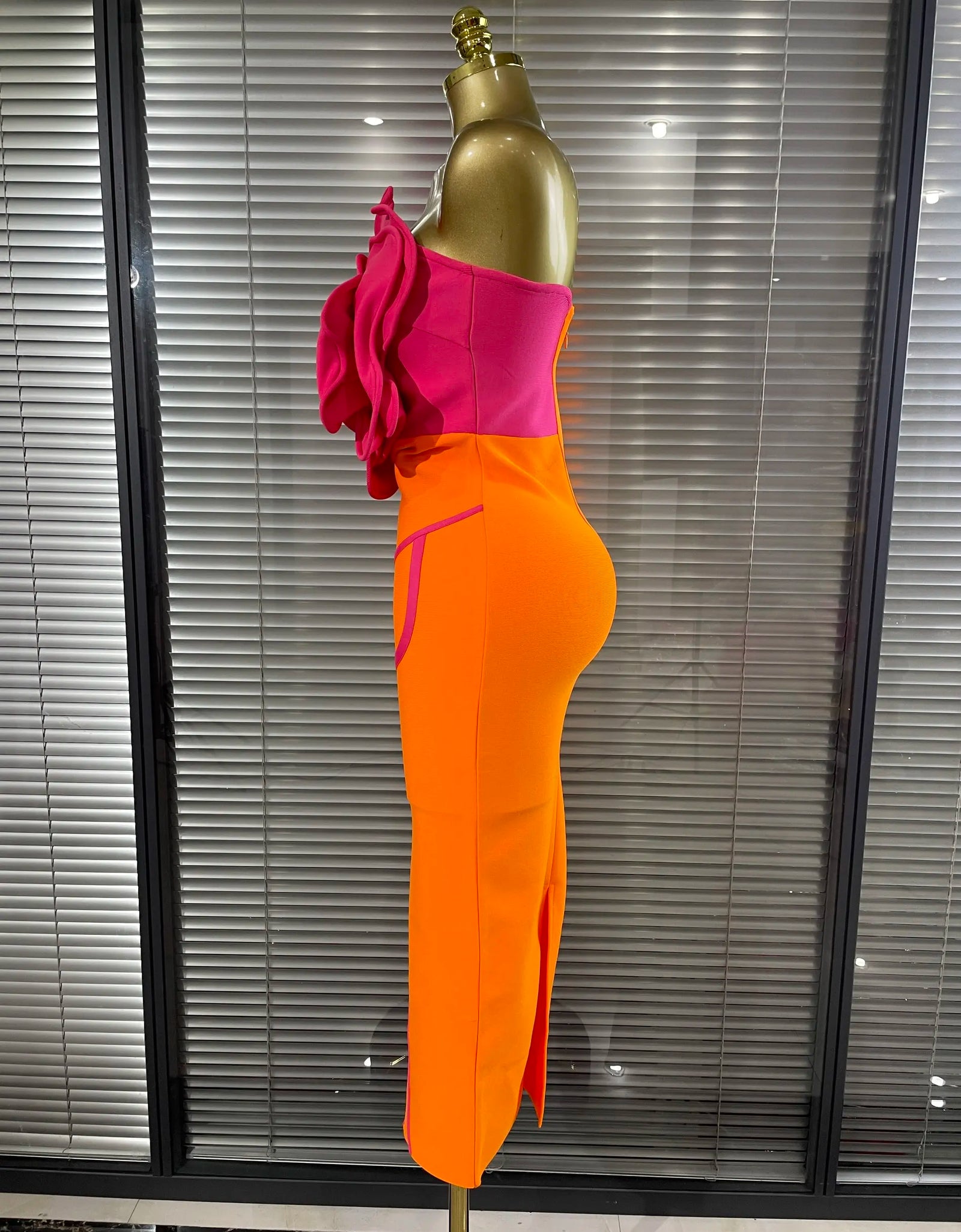 Orange Color Women's Sexy Big Florals Bodycon Dress with Shining Rhinestones Strapless Bandage Dress