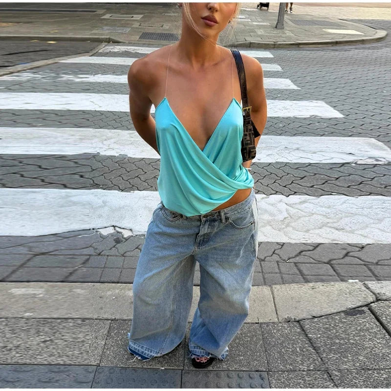Women's Pleated Halter   Loose Sexy V-neck Sleeveless Backless Tops 2026 Spring Summer