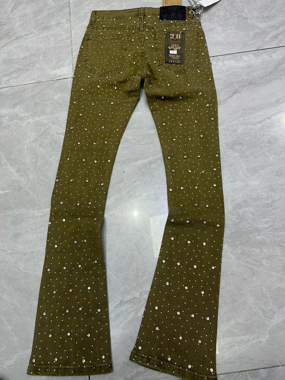 2026 Rhinestone Men's High Street quality Slim Fit Skinny long Denim Flared Jeans Pants