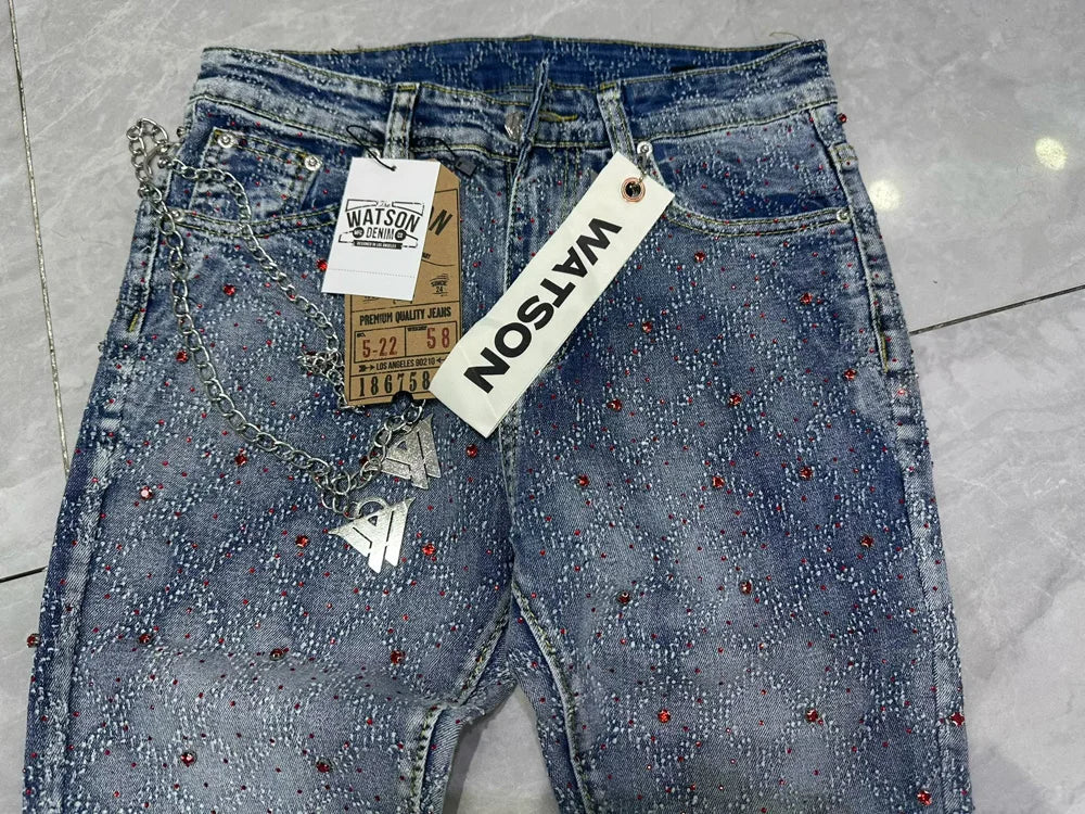 2026 Rhinestone Men's High Street quality Slim Fit Skinny long Denim Flared Jeans Pants