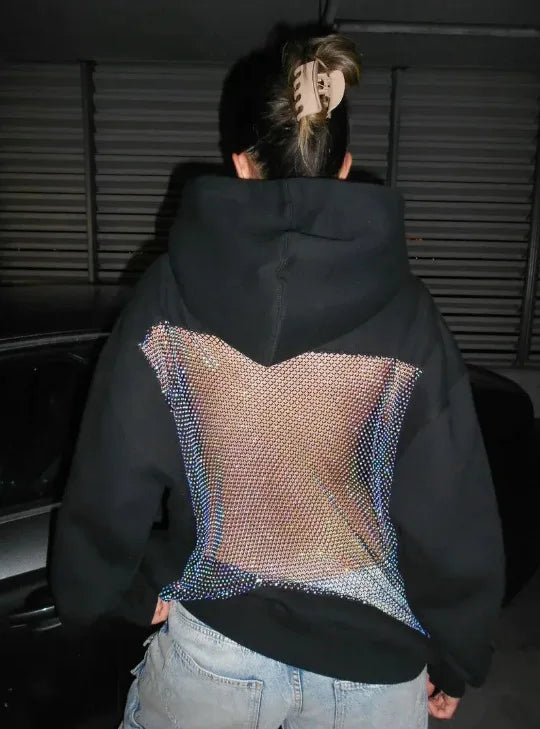 Streetwear Trendy Hoodie Women Fashion Solid Color See Through Backless Hooded Pullover Sweatshirt Female