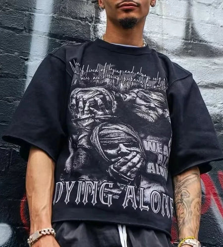 We Are All Alone Abstract Human Face Graphics Printed Cotton T-Shirt Men Y2K Short Sleeves Oversize  vintage t shirt