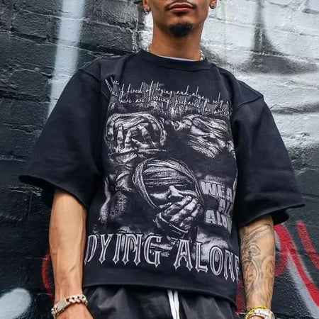 We Are All Alone Abstract Human Face Graphics Printed Cotton T-Shirt Men Y2K Short Sleeves Oversize  vintage t shirt
