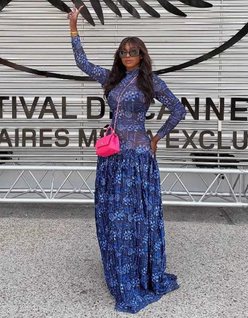 Load image into Gallery viewer, Royal Blue Dress for Women Mid-turtleneck High Waist Transparent Light Long Dress with Sleeves Pleated Maxi Dress
