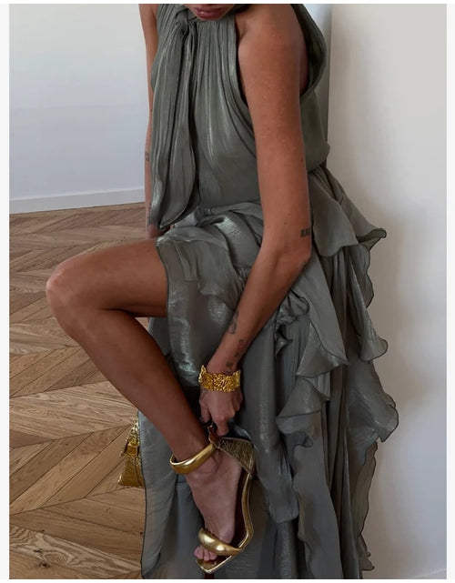 Load image into Gallery viewer, Women's Sleeveless Halter Neck Ruffle Maxi Dress Elegant Chiffon Tiered Waist Cinching Ankle-Length Solid Color Party Dress
