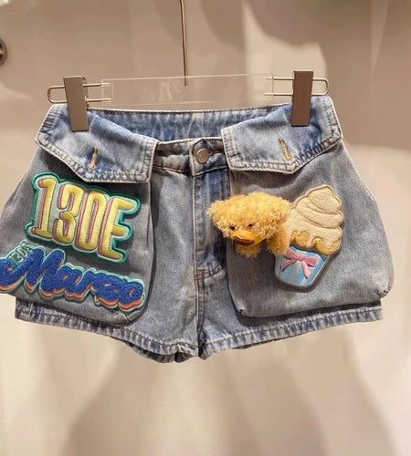 Women Denim Shorts With Bear Velcro Design