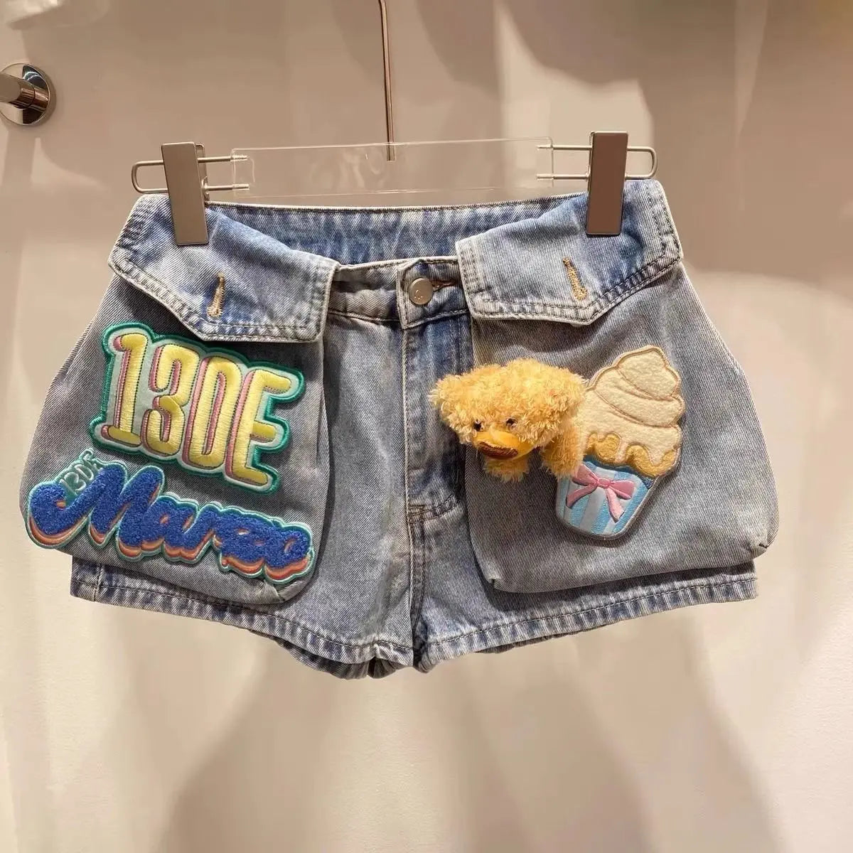 Women Denim Shorts With Bear Velcro Design