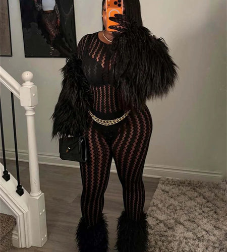 Woman's Hottie See Through Stripe Hollow Sexy Jumpsuit