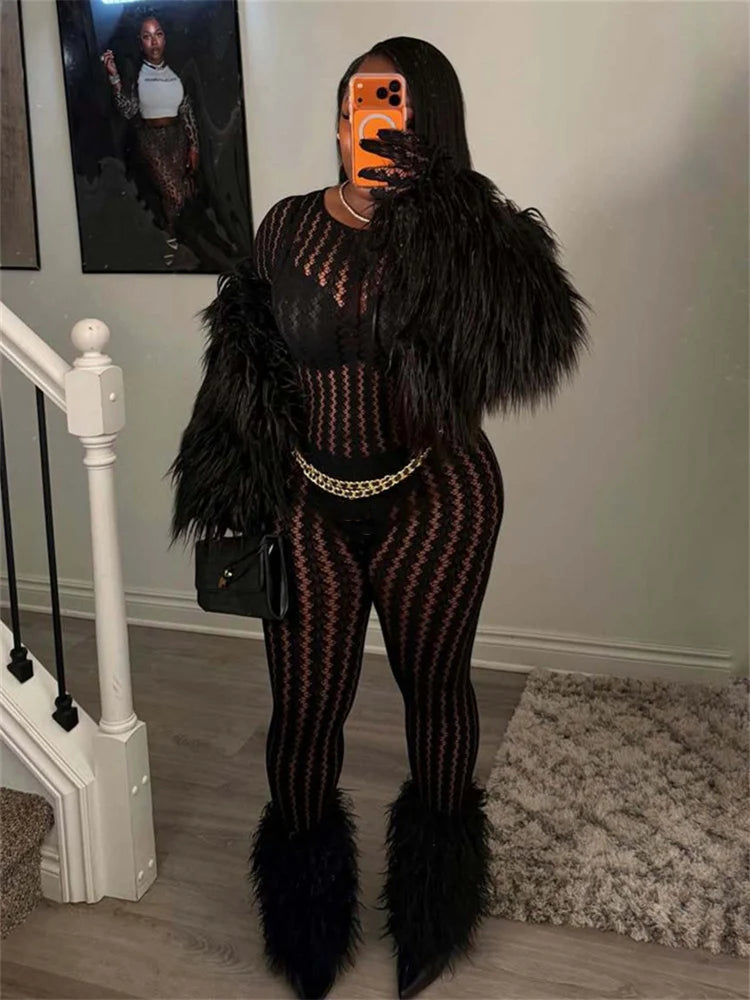 Woman's Hottie See Through Stripe Hollow Sexy Jumpsuit