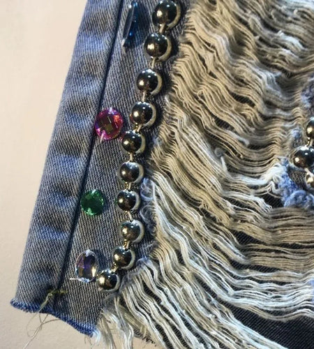 Women Summer Bedazzled  High Waist Stretch Distressed Washed Diamonds Shorts