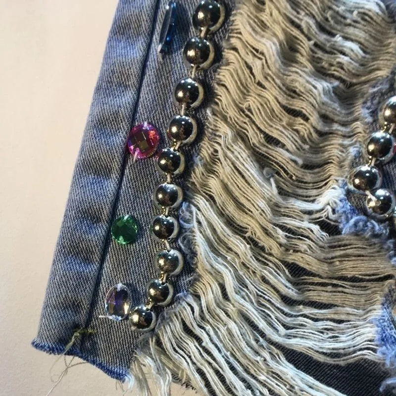 Women Summer Bedazzled  High Waist Stretch Distressed Washed Diamonds Shorts