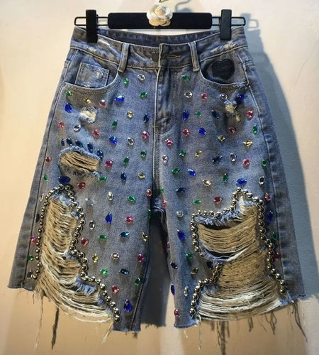 Women Summer Bedazzled  High Waist Stretch Distressed Washed Diamonds Shorts