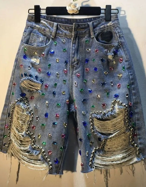 Load image into Gallery viewer, Women Summer Bedazzled  High Waist Stretch Distressed Washed Diamonds Shorts
