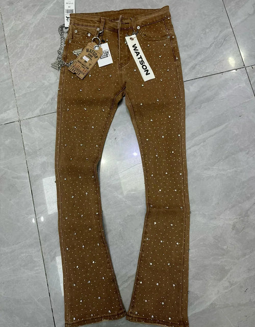 Load image into Gallery viewer, 2026 Rhinestone Men's High Street quality Slim Fit Skinny long Denim Flared Jeans Pants
