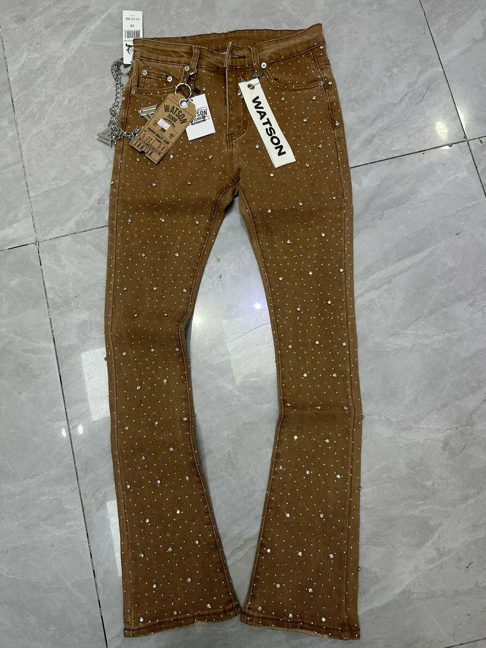 2026 Rhinestone Men's High Street quality Slim Fit Skinny long Denim Flared Jeans Pants