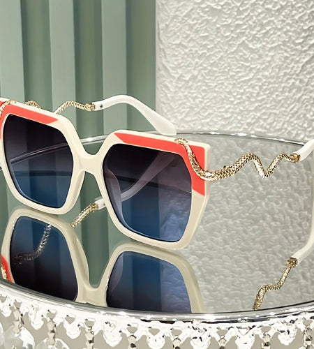 Women's Oversized Round Fashion Glasses with Snake-Shaped Metal Arms - Lightweight PC Frame, White & Golden Luxury